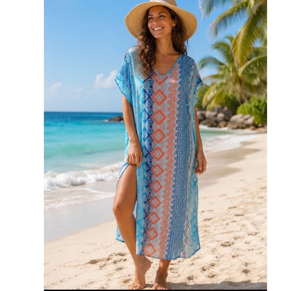 Blue Geometric Print V-Neck Maxi Kaftan Beach Cover‎ Up Dress large